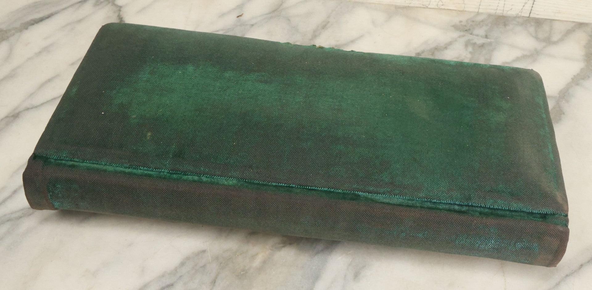 Lot 034 - Antique Victorian Cabinet Card Photo Album With Thirteen Cabinet Card Photographs And Laquered Wooden Cover With Metal Album Adornment And Green Fabric Back, Note Latch Missing