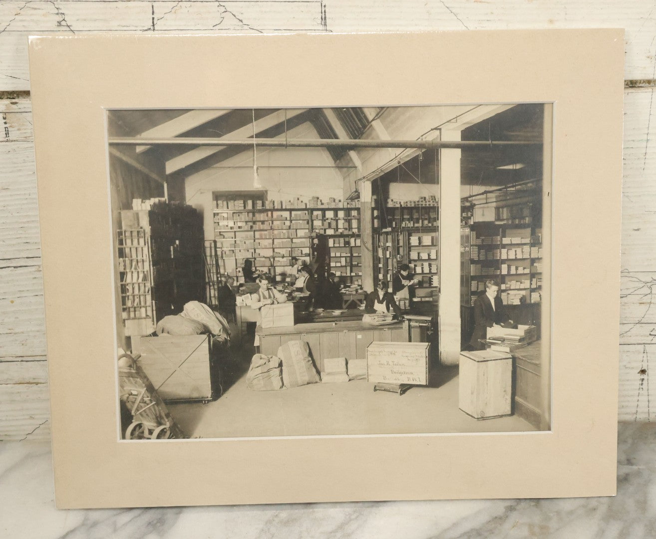 Lot 037 - Antique Boarded Photograph Of Post Office Interior And Postal Workers, With Modern Mat, Shrink Wrapped