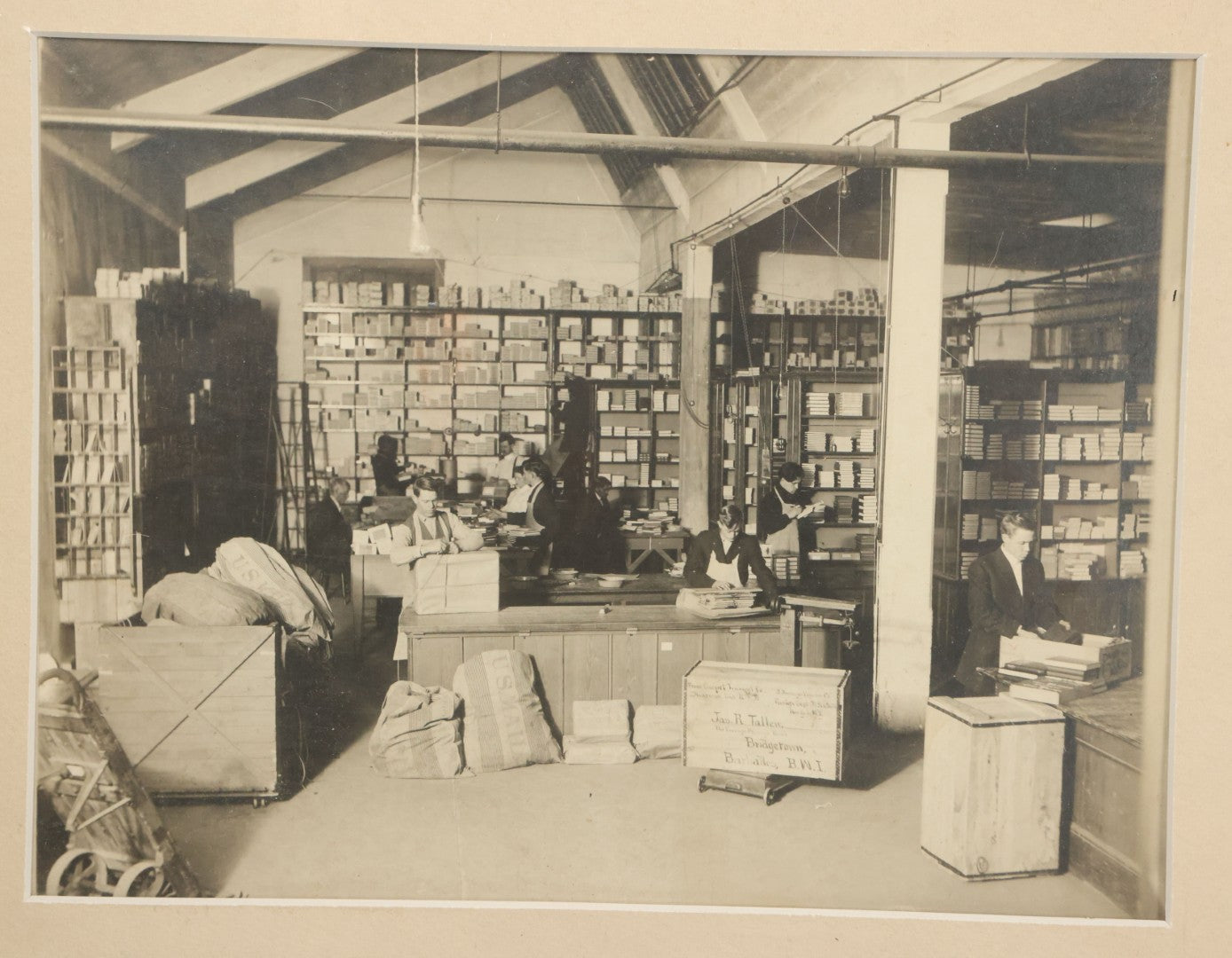Lot 037 - Antique Boarded Photograph Of Post Office Interior And Postal Workers, With Modern Mat, Shrink Wrapped