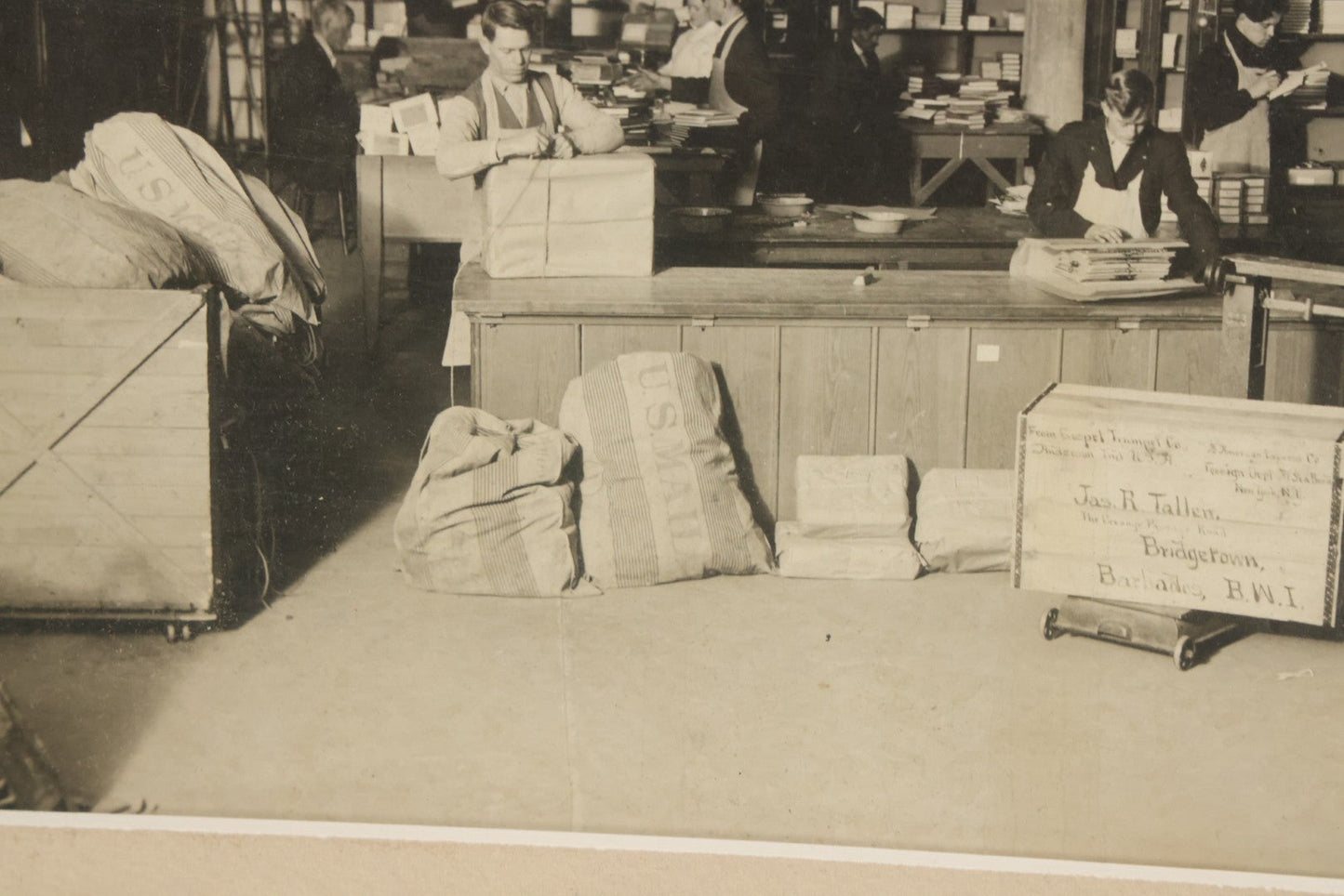 Lot 037 - Antique Boarded Photograph Of Post Office Interior And Postal Workers, With Modern Mat, Shrink Wrapped
