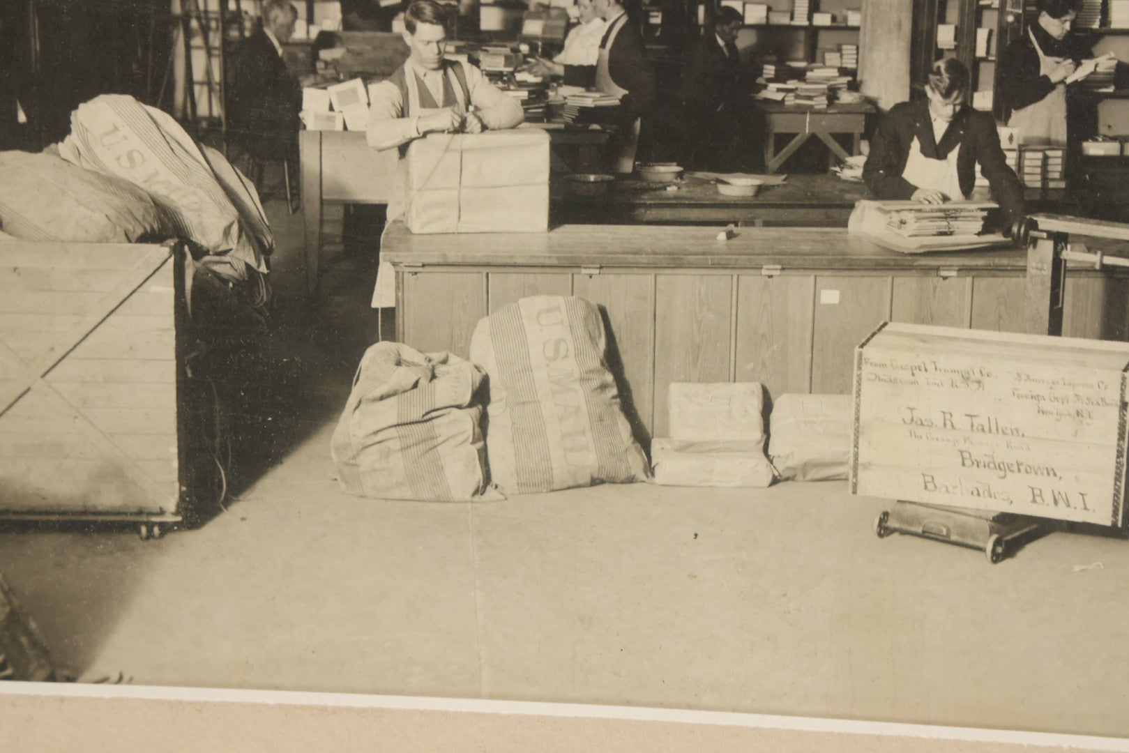 Lot 037 - Antique Boarded Photograph Of Post Office Interior And Postal Workers, With Modern Mat, Shrink Wrapped