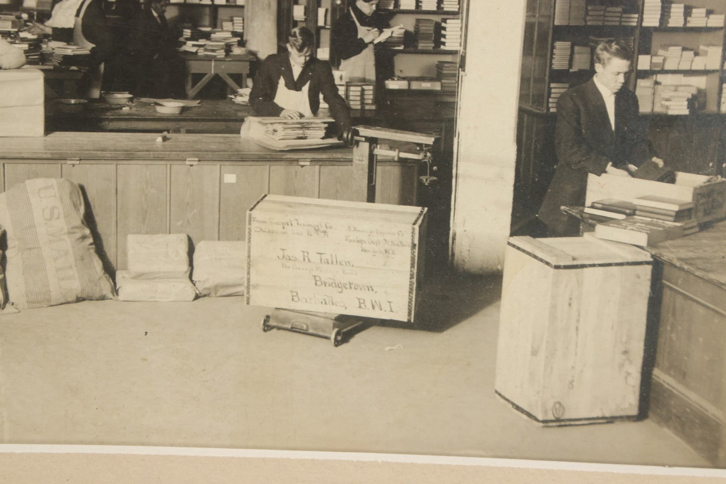 Lot 037 - Antique Boarded Photograph Of Post Office Interior And Postal Workers, With Modern Mat, Shrink Wrapped