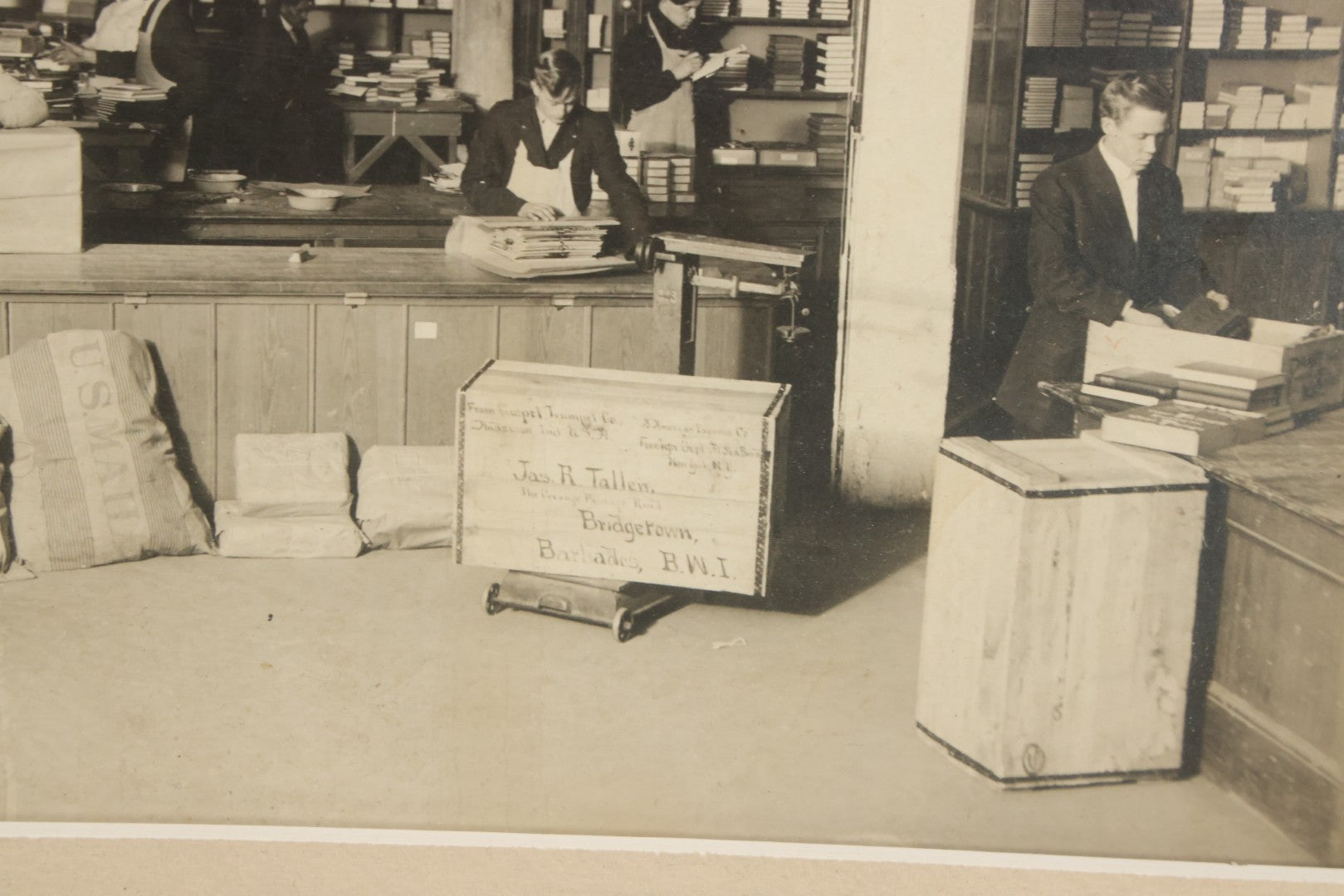 Lot 037 - Antique Boarded Photograph Of Post Office Interior And Postal Workers, With Modern Mat, Shrink Wrapped