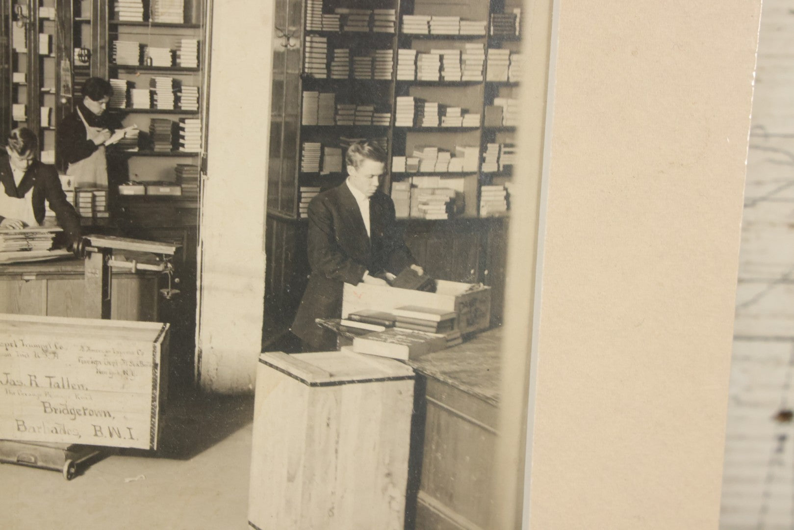 Lot 037 - Antique Boarded Photograph Of Post Office Interior And Postal Workers, With Modern Mat, Shrink Wrapped