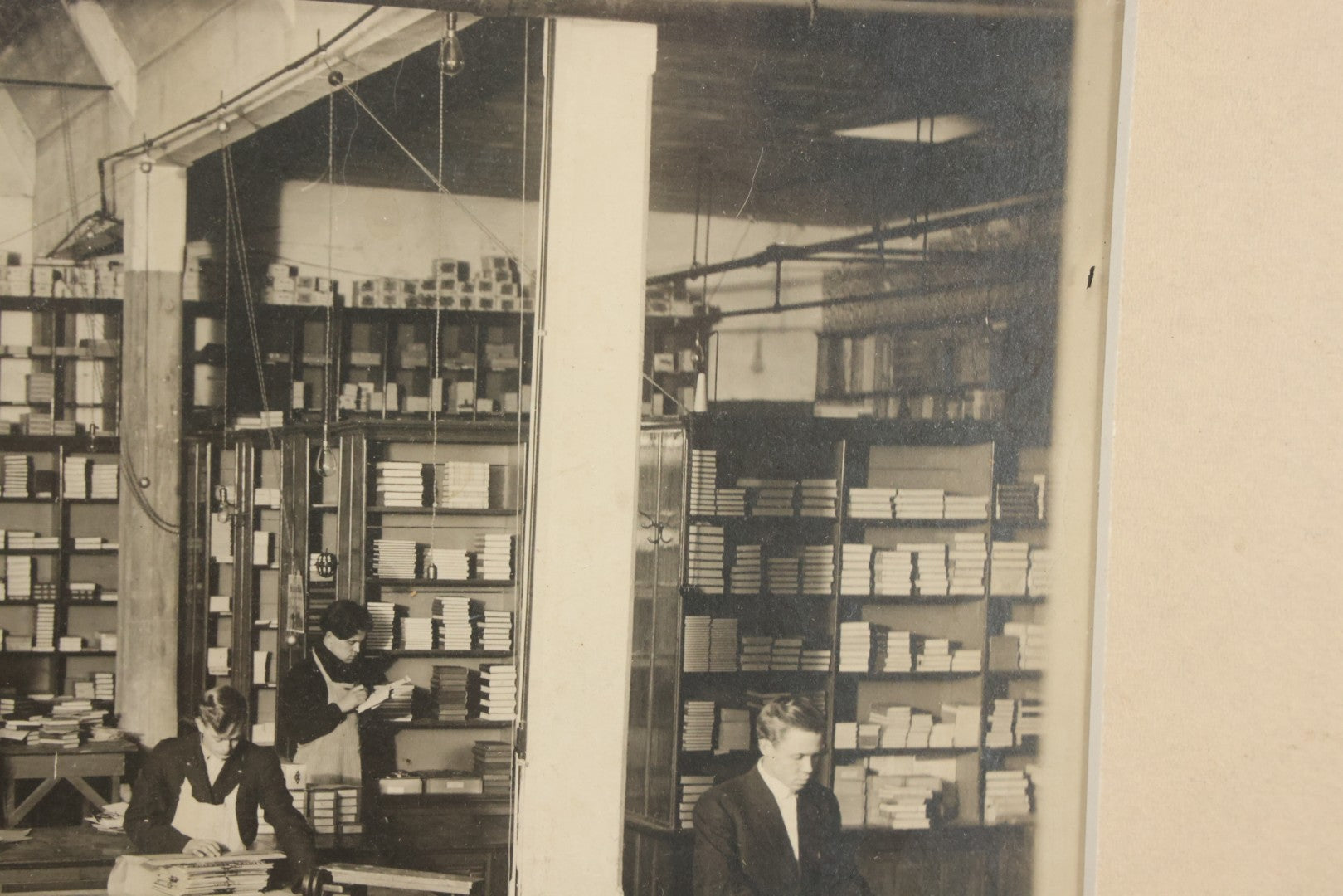 Lot 037 - Antique Boarded Photograph Of Post Office Interior And Postal Workers, With Modern Mat, Shrink Wrapped
