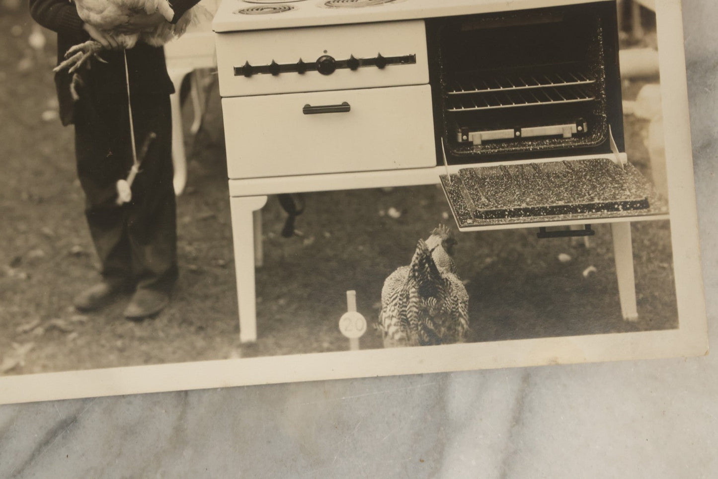 Lot 038 - Vintage Large Format Photograph Of Smiling Child Holding A Chicken At A Country Fair Beside An Oven