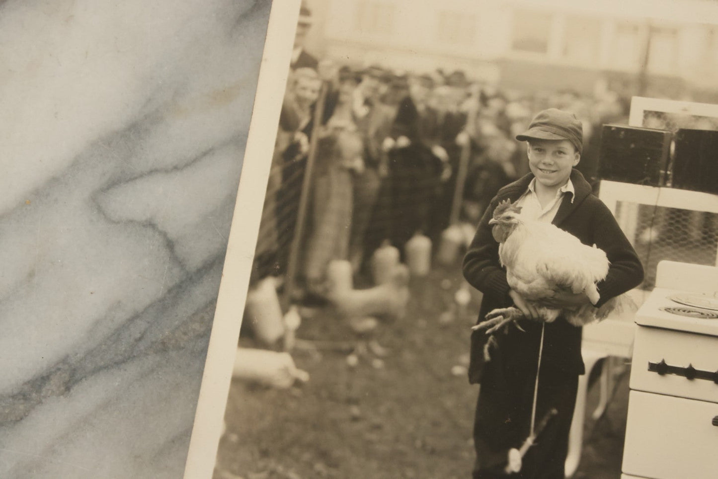 Lot 038 - Vintage Large Format Photograph Of Smiling Child Holding A Chicken At A Country Fair Beside An Oven