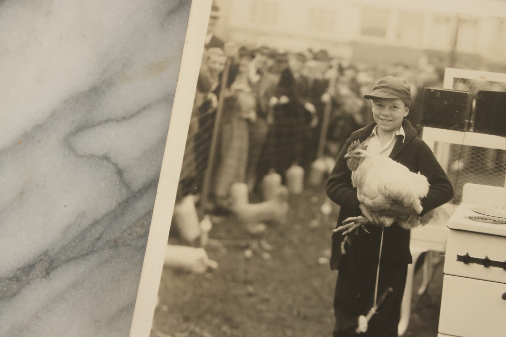 Lot 038 - Vintage Large Format Photograph Of Smiling Child Holding A Chicken At A Country Fair Beside An Oven