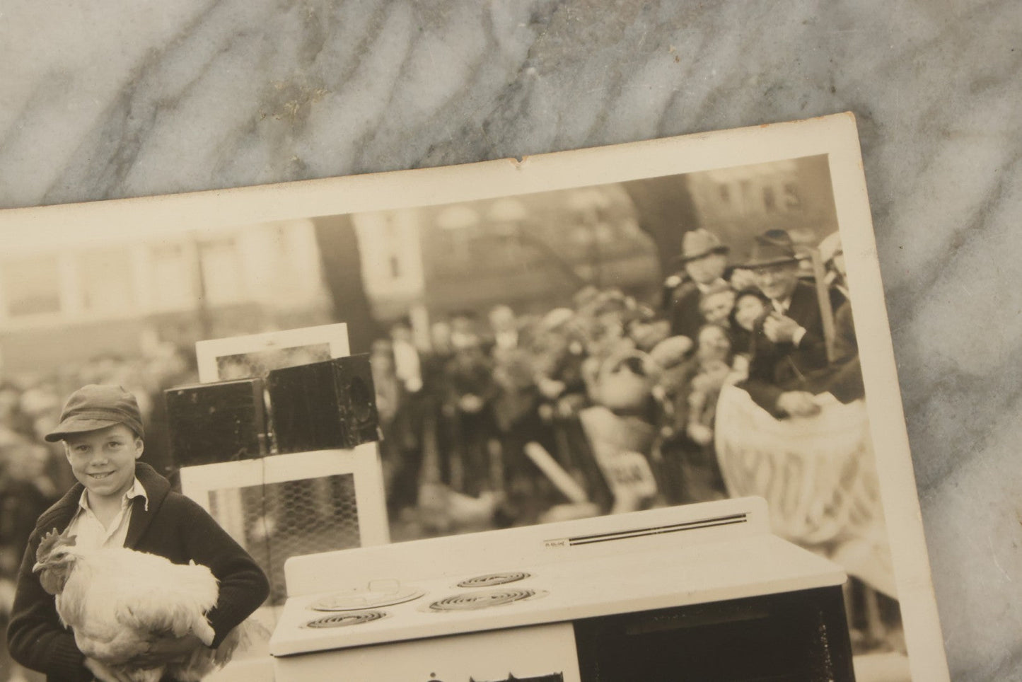 Lot 038 - Vintage Large Format Photograph Of Smiling Child Holding A Chicken At A Country Fair Beside An Oven