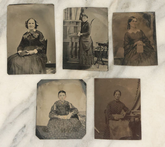 Lot 040 - Grouping Of Five Antique Tintype Photographs Of Women Posing With Books