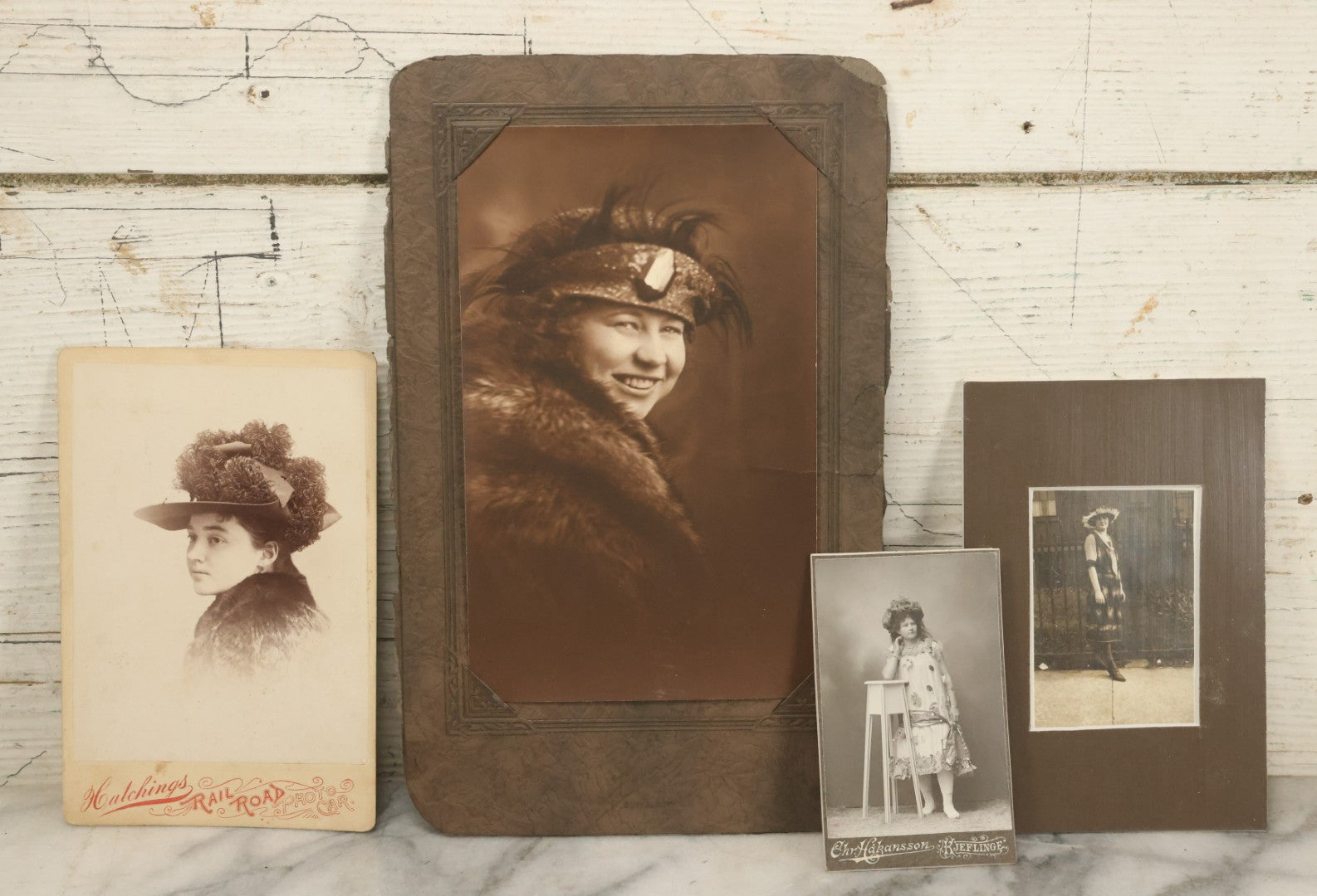 Lot 041 - Grouping Of Four Antique And Vintage Photographs Of Women In Hats, Including Cabinet Card And Carte De Visite C.D.V Photograph, Including Cabinet Card From Hutchings Railroad Photo Car