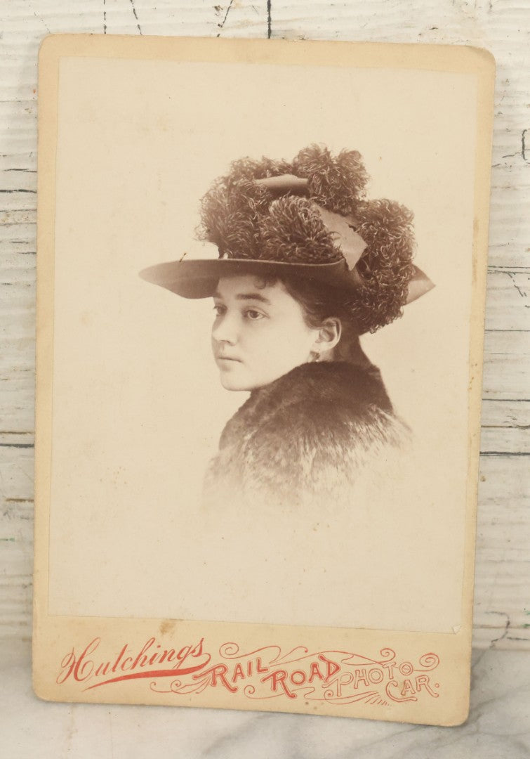 Lot 041 - Grouping Of Four Antique And Vintage Photographs Of Women In Hats, Including Cabinet Card And Carte De Visite C.D.V Photograph, Including Cabinet Card From Hutchings Railroad Photo Car