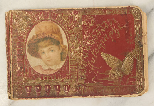 Lot 047 - Antique Victorian Autograph Album With Little Girl And Crane On Cover, Belonging To Ila M. Dutton, South Royalton, Vermont, 1889, With Many Signatures, Poems Etc.