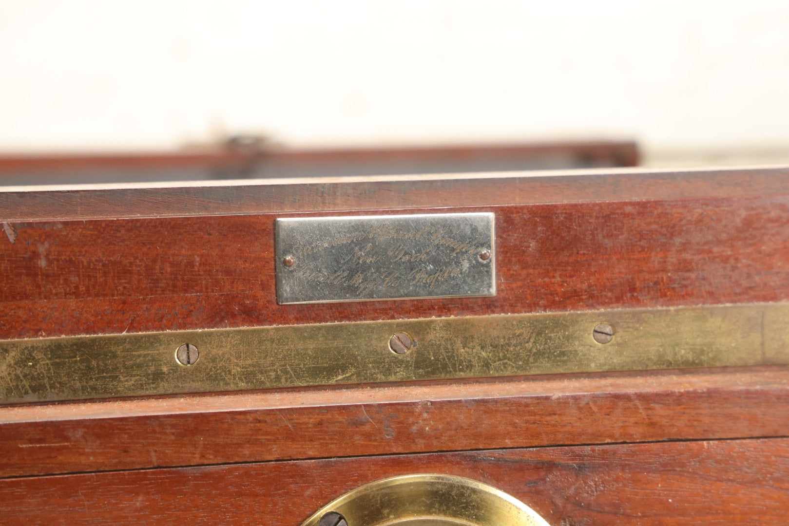 Lot 001 - Antique Wooden Camera By American Optical Company, Scovill Manufacturing Company, Proprietors, With New York, With Lens (Does Not Fit Camera) And Case From M.B. Loughman Photographic Apparatus, Boston - See Condition Notes