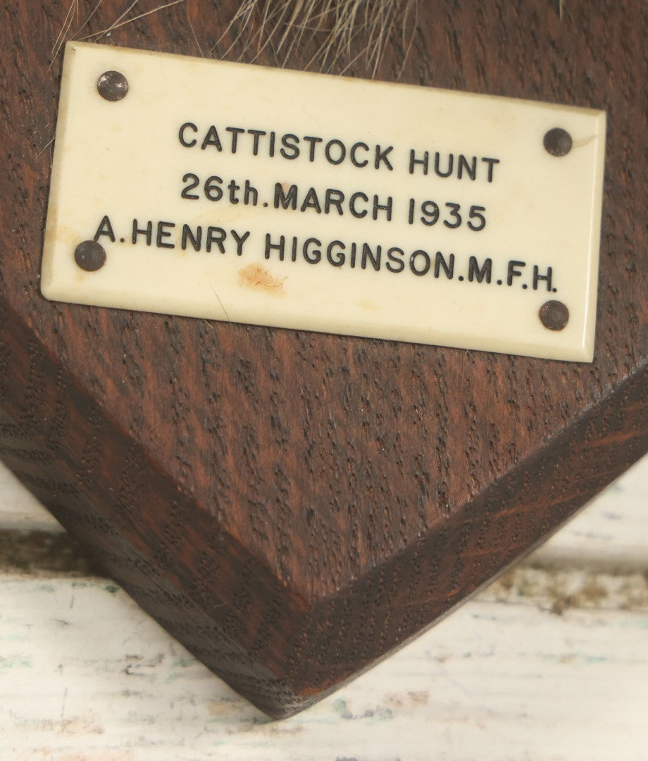 Lot 002 - Vintage Taxidermy Fox Head Mount With Plaque And Paper Label On Verso, Cattistock Hunt, Dorset, England, March 26th, 1935, Hunted By A. Henry Higginson, M.F.H. (Master Of Foxhounds), Taxidermy By F.W. Bartlett, Banbury, Mount 7-3/4" x 10-1/4"