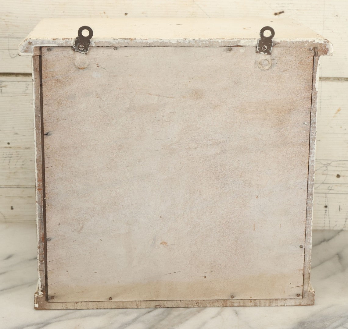 Lot 003 - Antique Wooden Barber Shop Antiseptic Sterilizer Cabinet With Glass Sides, Two Glass Shelves, And White Paint, Some Chipping To Shelves, Overall Dimensions Of Cabinet 13"L x 8-1/2"W x 12"H