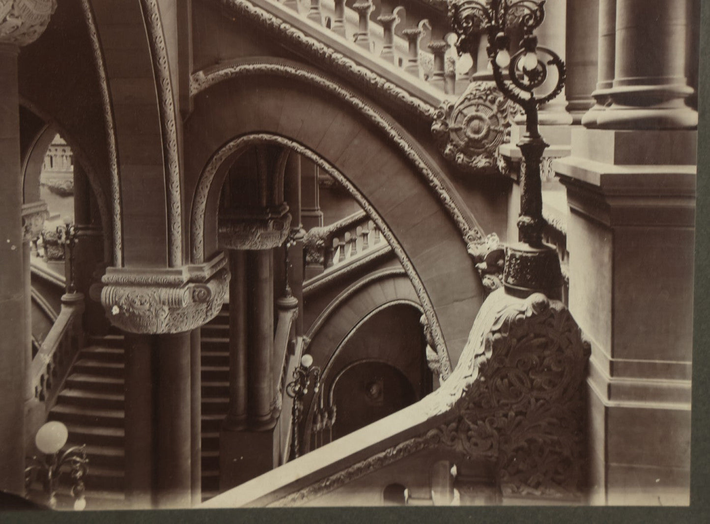 Lot 090 - Antique Framed Boarded Photo Of The New York State Capitol Building Interior, Great Western Staircase A.K.A. "Million Dollar Staircase", Albany, New York, Circa 1899 (View B - From Side, Below), Overall Dimensions 12-5/8" x 15-5/8"