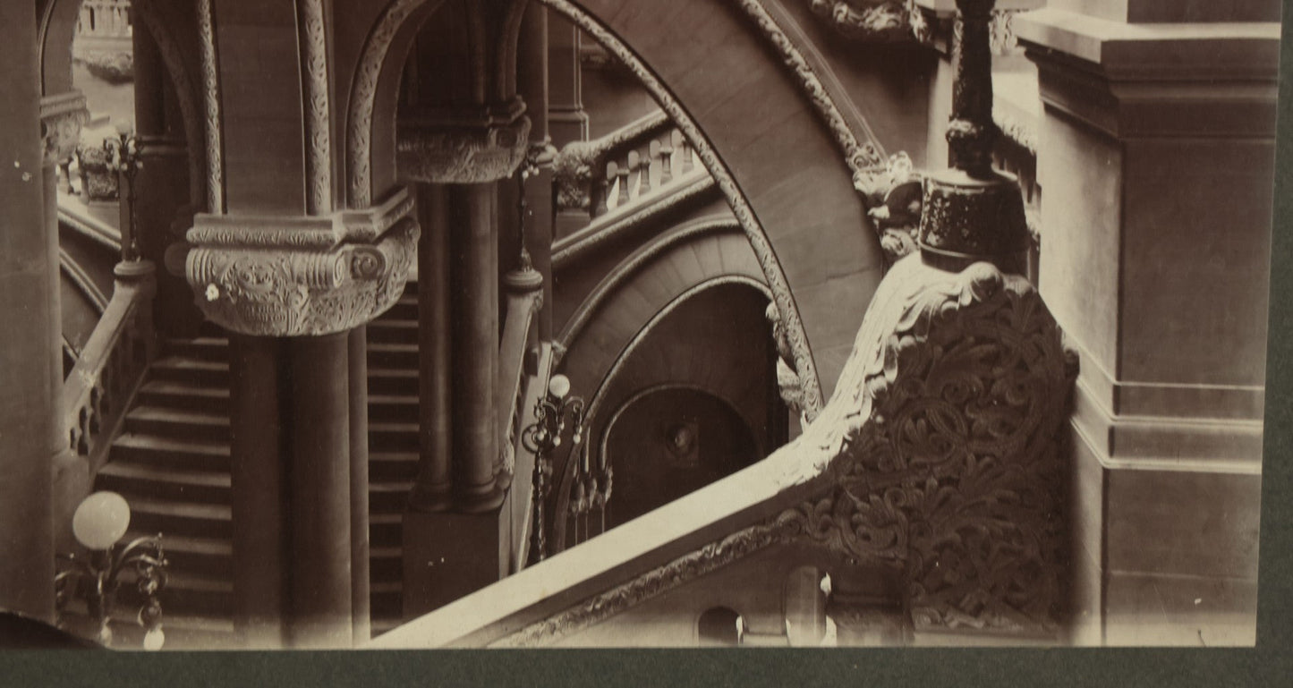 Lot 090 - Antique Framed Boarded Photo Of The New York State Capitol Building Interior, Great Western Staircase A.K.A. "Million Dollar Staircase", Albany, New York, Circa 1899 (View B - From Side, Below), Overall Dimensions 12-5/8" x 15-5/8"