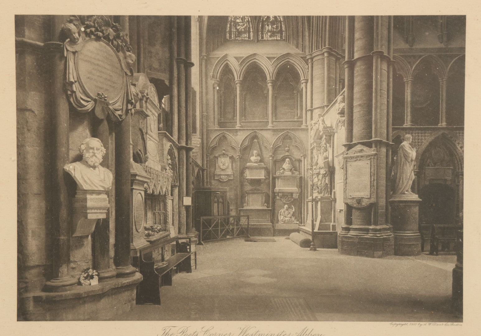 Lot 091 - Antique Framed Photographic Print, The Poet's Corner, Westminster Abbey, London, England, Copyright 1900 By A.W. Elson & Co., Boston, Overall Dimensions 12-1/2" x 9-1/2"