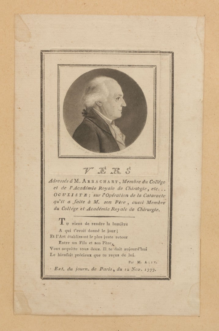 Lot 092 - Antique French Engraved Poetic Tribute Commemorating An Eye Surgeon (Oculist) Named M. Arrachant Restoring Eyesight To His Father Through Cataract Surgery, Excerpt From The Journal Of Paris, Circa Late 18th Century, In Frame, 8-5/8" x 12"