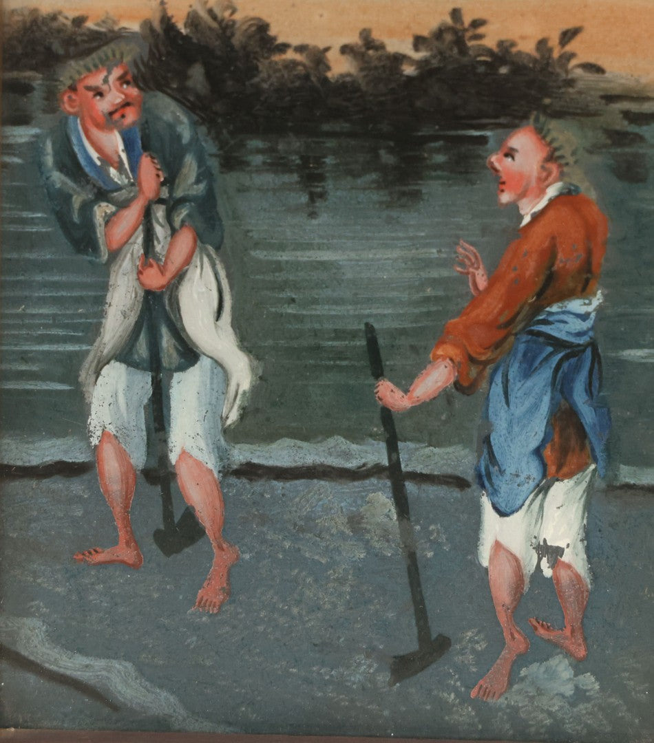 Lot 093 - Antique Small Size Asian Export Reverse Painting On Glass Of Two Peasants, Workers, In Frame, Overall Dimensions 4" x 5-1/4"