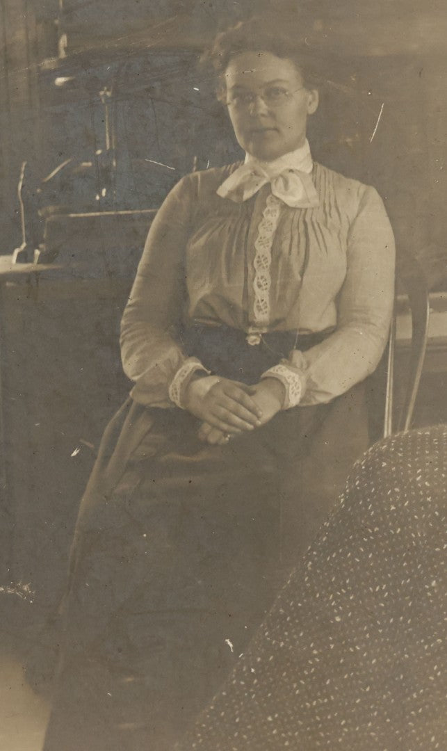 Lot 102 - Pair Of Antique Boarded Occupational Photographs Including Man And Two Women In Office With Book Press, Typewriter, And Faded Photo Of People Posing Outside Of General Store