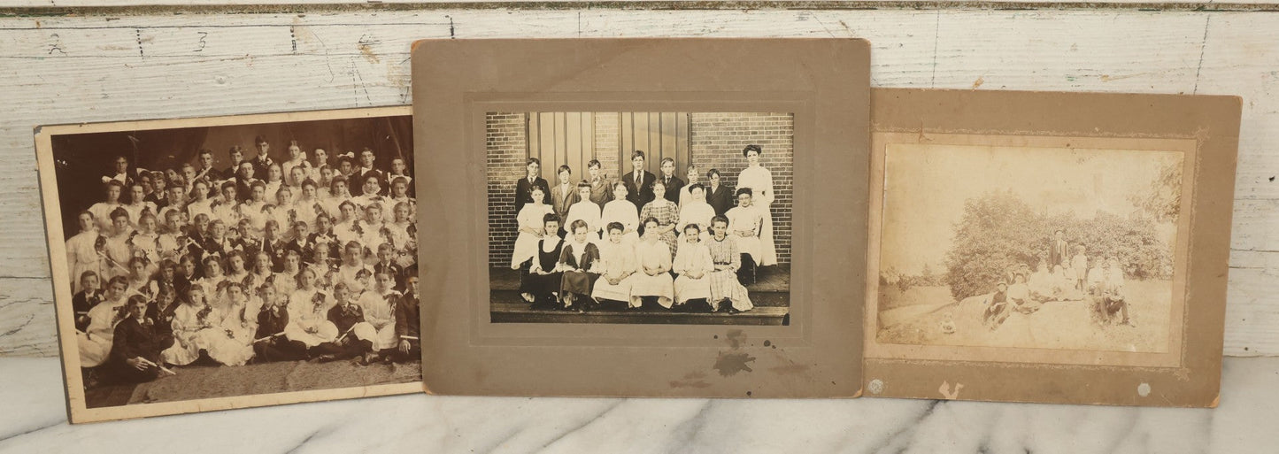 Lot 103 - Grouping Of Three Antique Boarded Photographs Including School Children With Diplomas, Grouping Outdoors In Gardiner, Maine, And Class Of School Children In Front Of Brick Wall