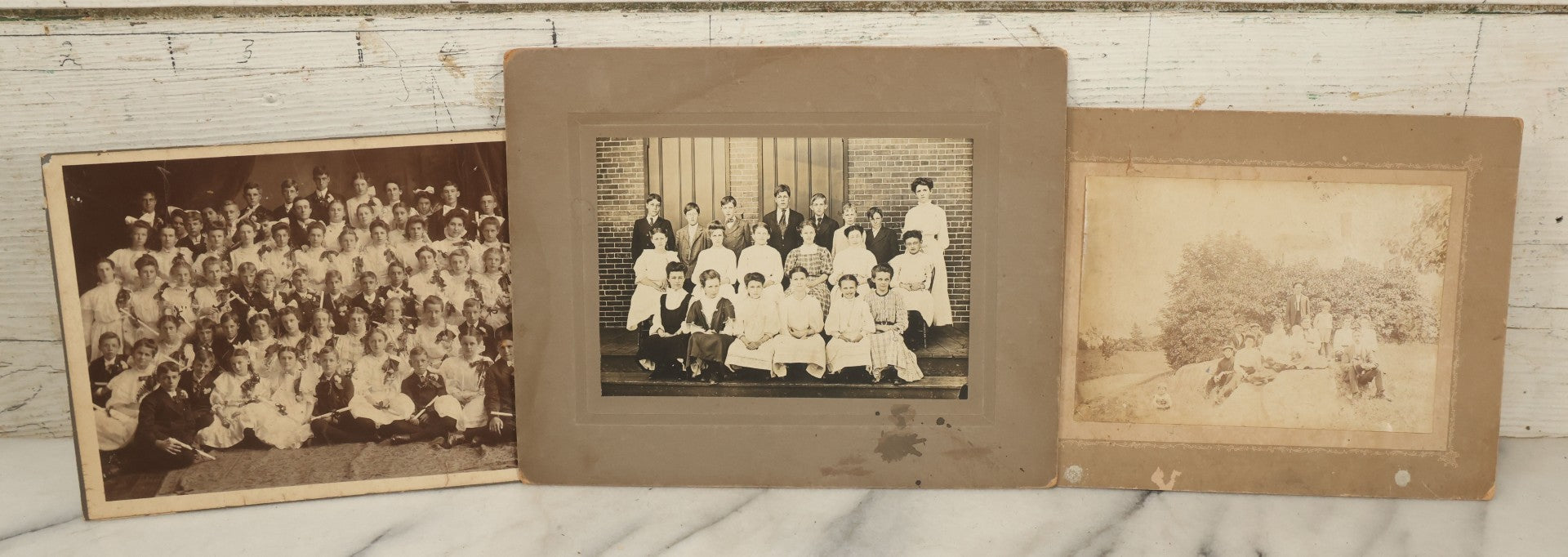 Lot 103 - Grouping Of Three Antique Boarded Photographs Including School Children With Diplomas, Grouping Outdoors In Gardiner, Maine, And Class Of School Children In Front Of Brick Wall