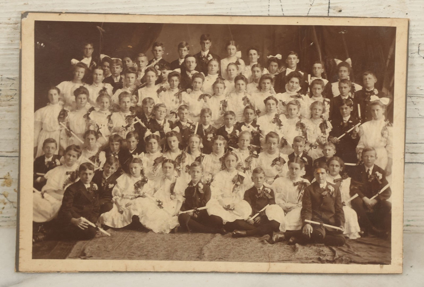 Lot 103 - Grouping Of Three Antique Boarded Photographs Including School Children With Diplomas, Grouping Outdoors In Gardiner, Maine, And Class Of School Children In Front Of Brick Wall