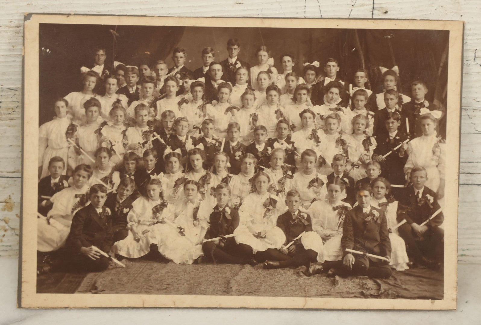 Lot 103 - Grouping Of Three Antique Boarded Photographs Including School Children With Diplomas, Grouping Outdoors In Gardiner, Maine, And Class Of School Children In Front Of Brick Wall