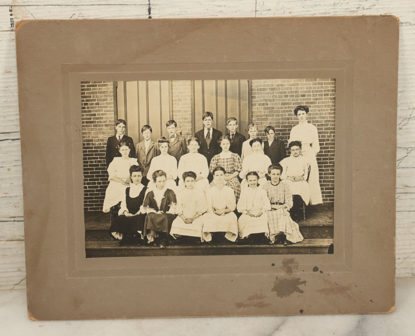 Lot 103 - Grouping Of Three Antique Boarded Photographs Including School Children With Diplomas, Grouping Outdoors In Gardiner, Maine, And Class Of School Children In Front Of Brick Wall