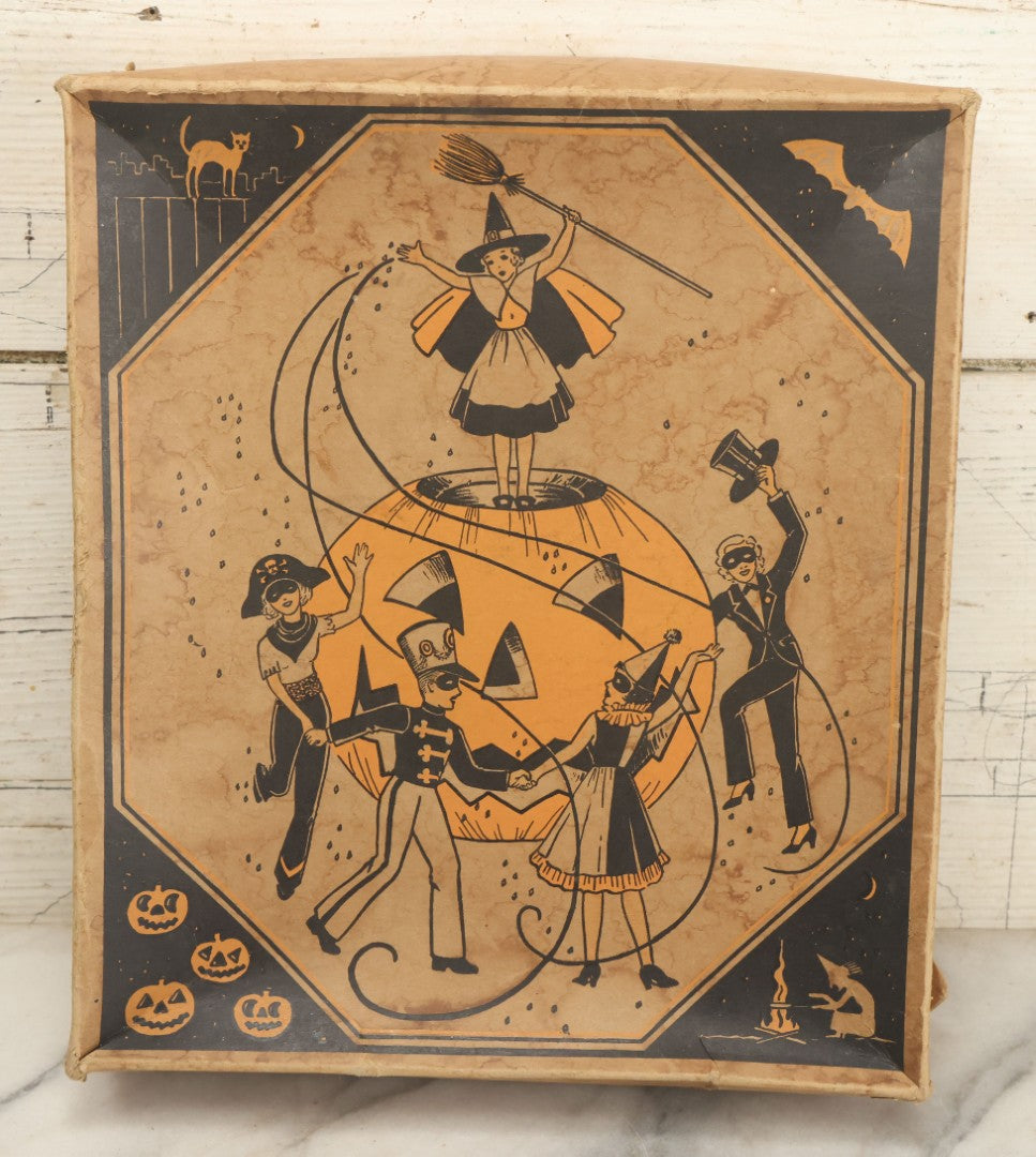 Lot 006 - Vintage Masquerade Halloween Costume In Cardboard Box With Halloween Party, Witch Graphics, Including Mask, Hat, And Costume