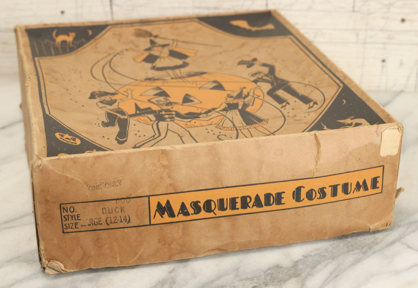 Lot 006 - Vintage Masquerade Halloween Costume In Cardboard Box With Halloween Party, Witch Graphics, Including Mask, Hat, And Costume