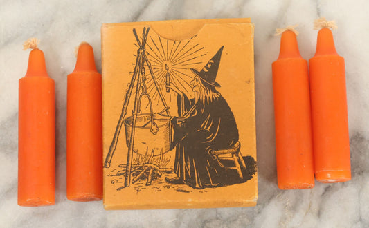 Lot 109 - Vintage Box Of Orange Halloween Candles, Quantity Four, With Witch Graphic On Box, "Special Candles To Fit Lanterns"