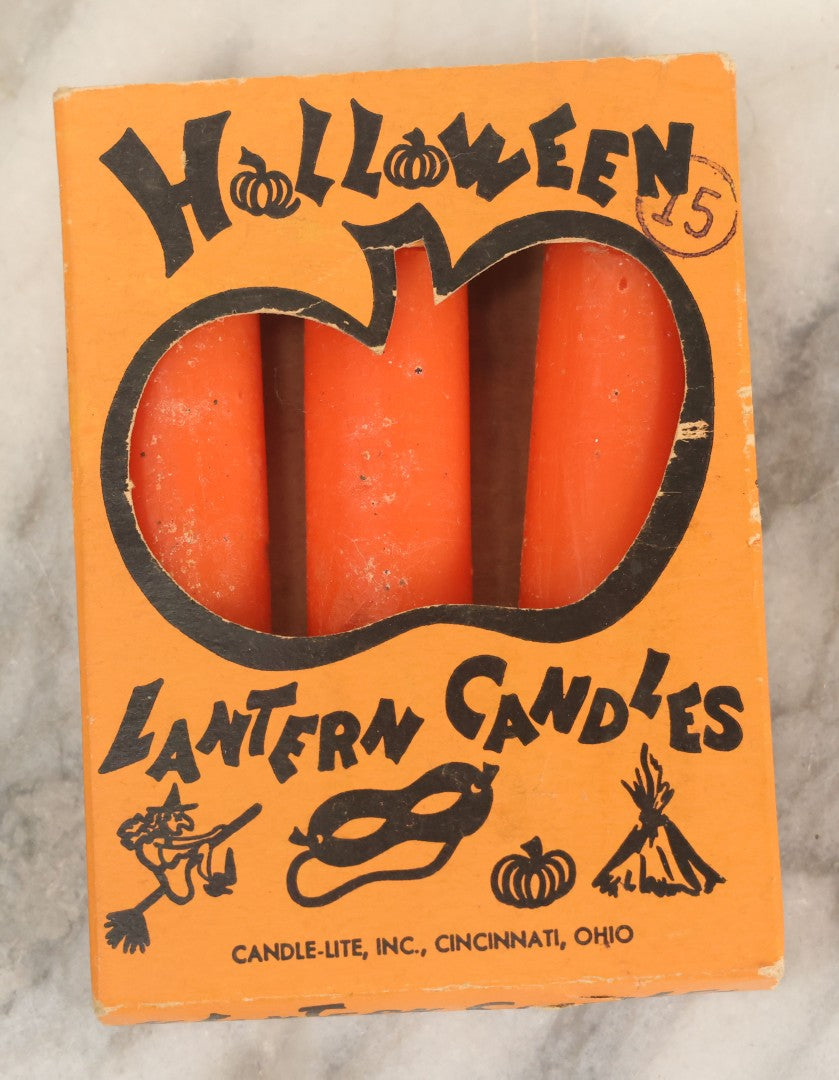 Lot 110 - Vintage Box Of Orange Halloween Candles, Quantity Three (One Missing), "Lantern Candles" With Pumpkin Cut Out Box Design, By Candle-Lite Inc., Cincinnati, Ohio