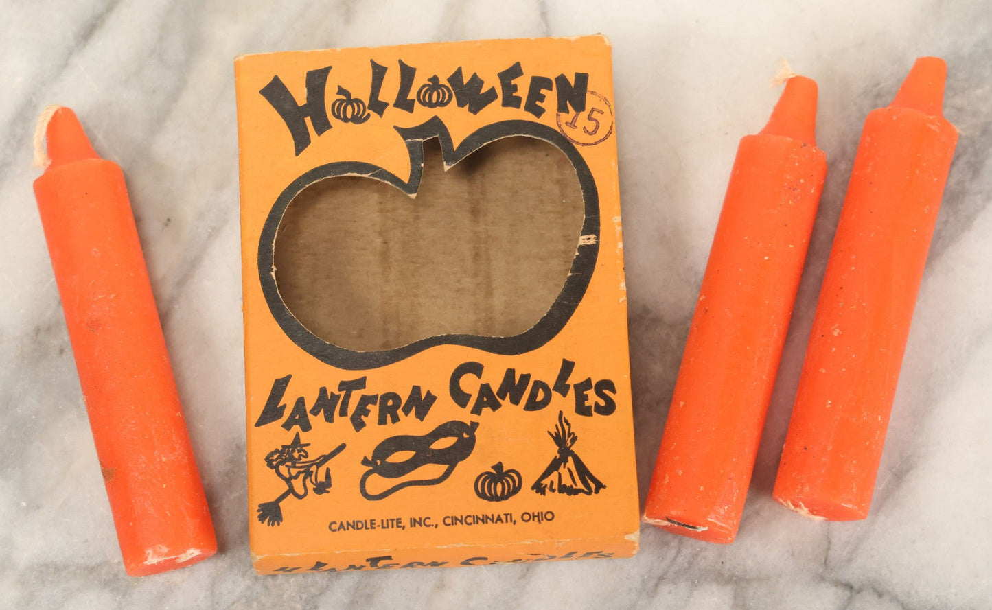 Lot 110 - Vintage Box Of Orange Halloween Candles, Quantity Three (One Missing), "Lantern Candles" With Pumpkin Cut Out Box Design, By Candle-Lite Inc., Cincinnati, Ohio