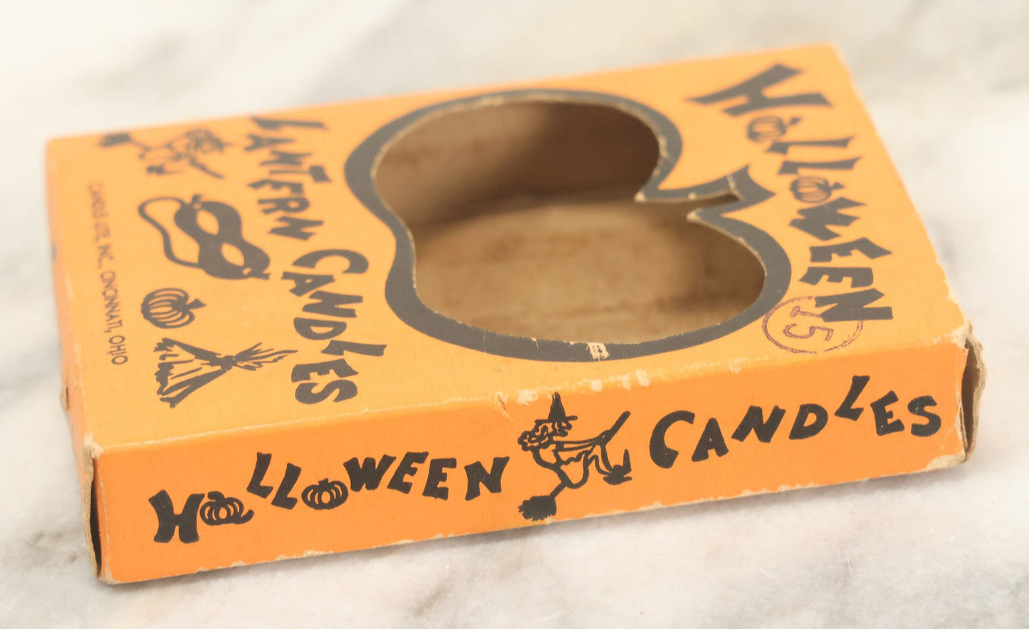 Lot 110 - Vintage Box Of Orange Halloween Candles, Quantity Three (One Missing), "Lantern Candles" With Pumpkin Cut Out Box Design, By Candle-Lite Inc., Cincinnati, Ohio