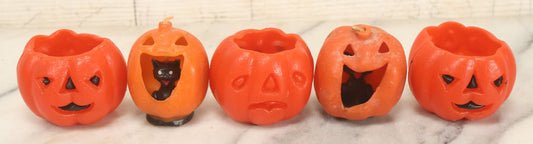 Lot 112 - Grouping Of Five Vintage Halloween Wax Candle Figures, Pumpkin Jack-O-Lantern J.O.L. Candles, Including Pumpkins With Black Cats In Mouths, By Gurley Novelty Co., Buffalo, New York
