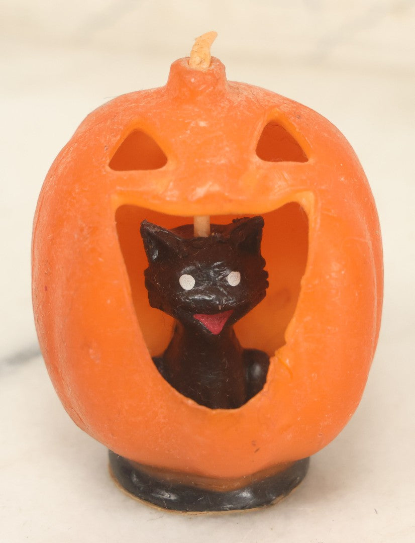 Lot 112 - Grouping Of Five Vintage Halloween Wax Candle Figures, Pumpkin Jack-O-Lantern J.O.L. Candles, Including Pumpkins With Black Cats In Mouths, By Gurley Novelty Co., Buffalo, New York