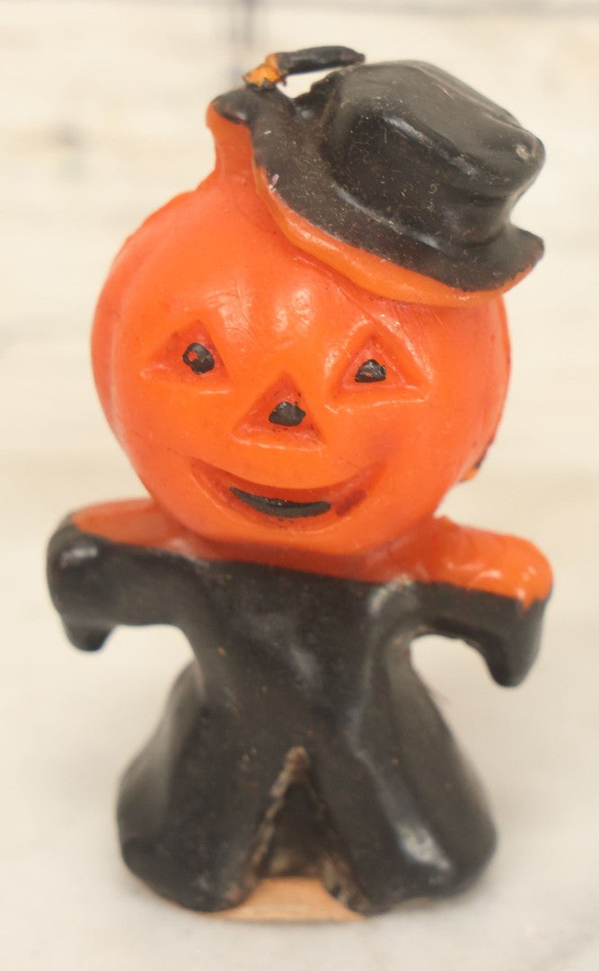 Lot 113 - Grouping Of Four Vintage Halloween Wax Candle Figures, Including Cat In Front Of Moon On Fence, Pumpkin Man, Both By Gurley Novelty Co., Buffalo, New York, And Remnants Of Two Other Pumpkin Candles