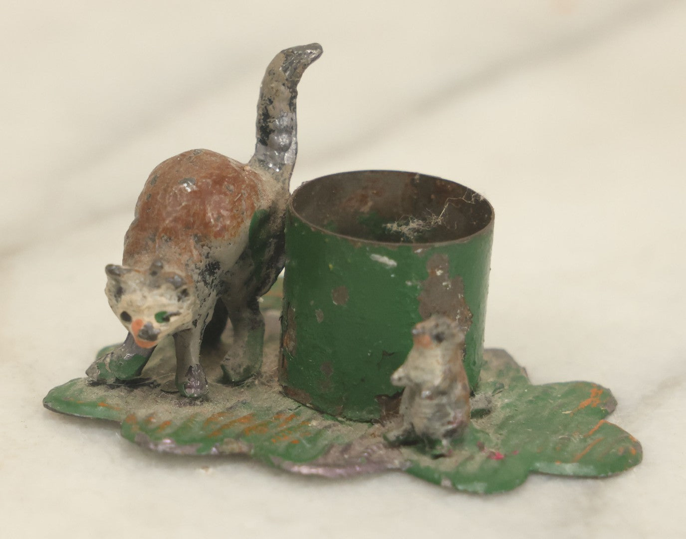 Lot 115 - Vintage Cold Painted Die Cast Metal Cat And Mouse Halloween Candle Holder Stand, Marked Germany