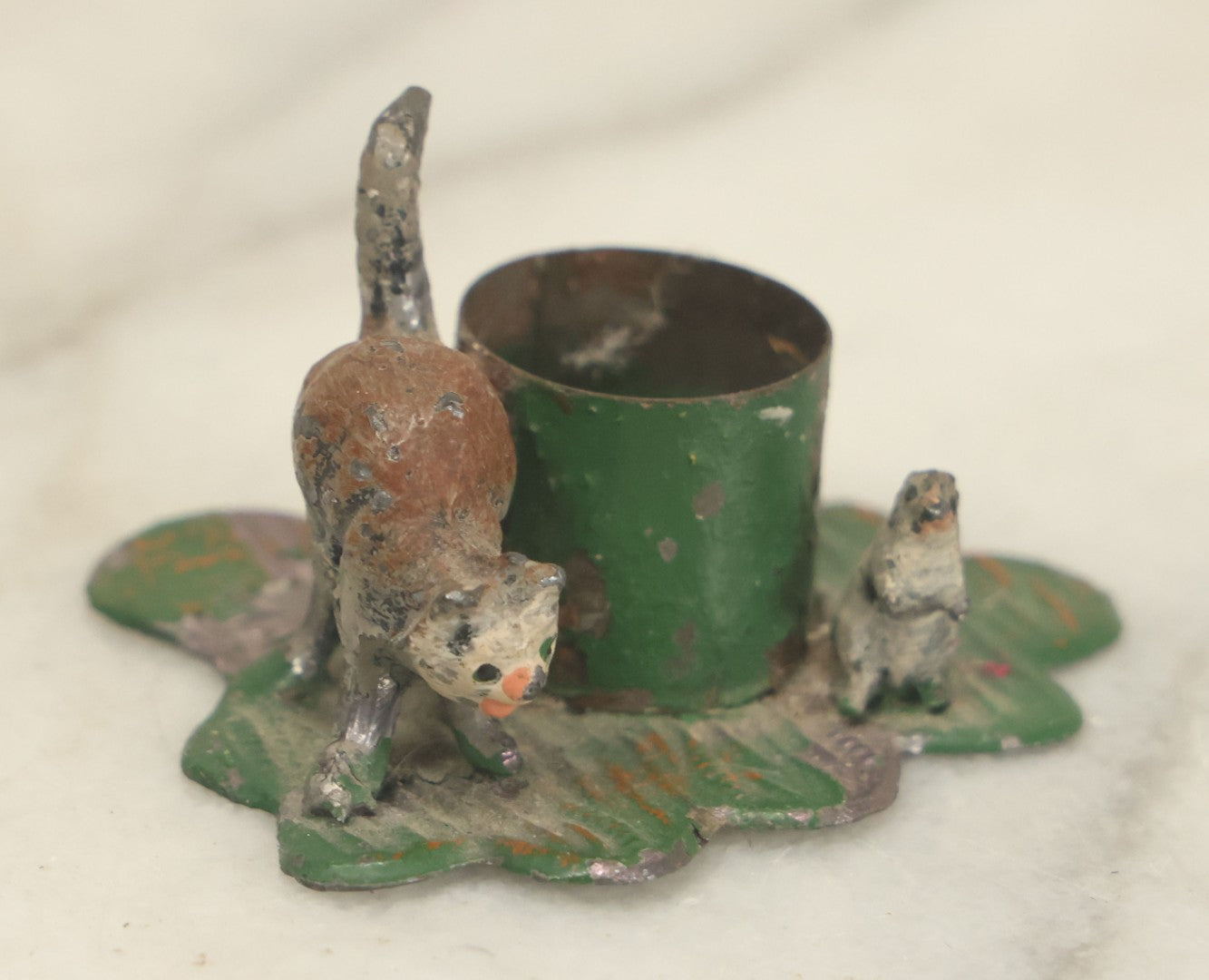 Lot 115 - Vintage Cold Painted Die Cast Metal Cat And Mouse Halloween Candle Holder Stand, Marked Germany