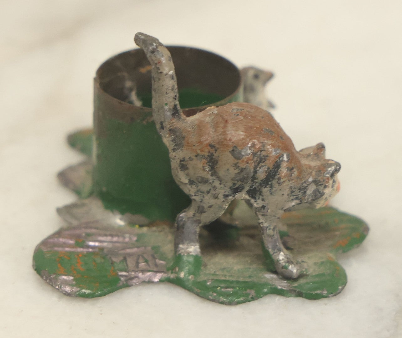 Lot 115 - Vintage Cold Painted Die Cast Metal Cat And Mouse Halloween Candle Holder Stand, Marked Germany