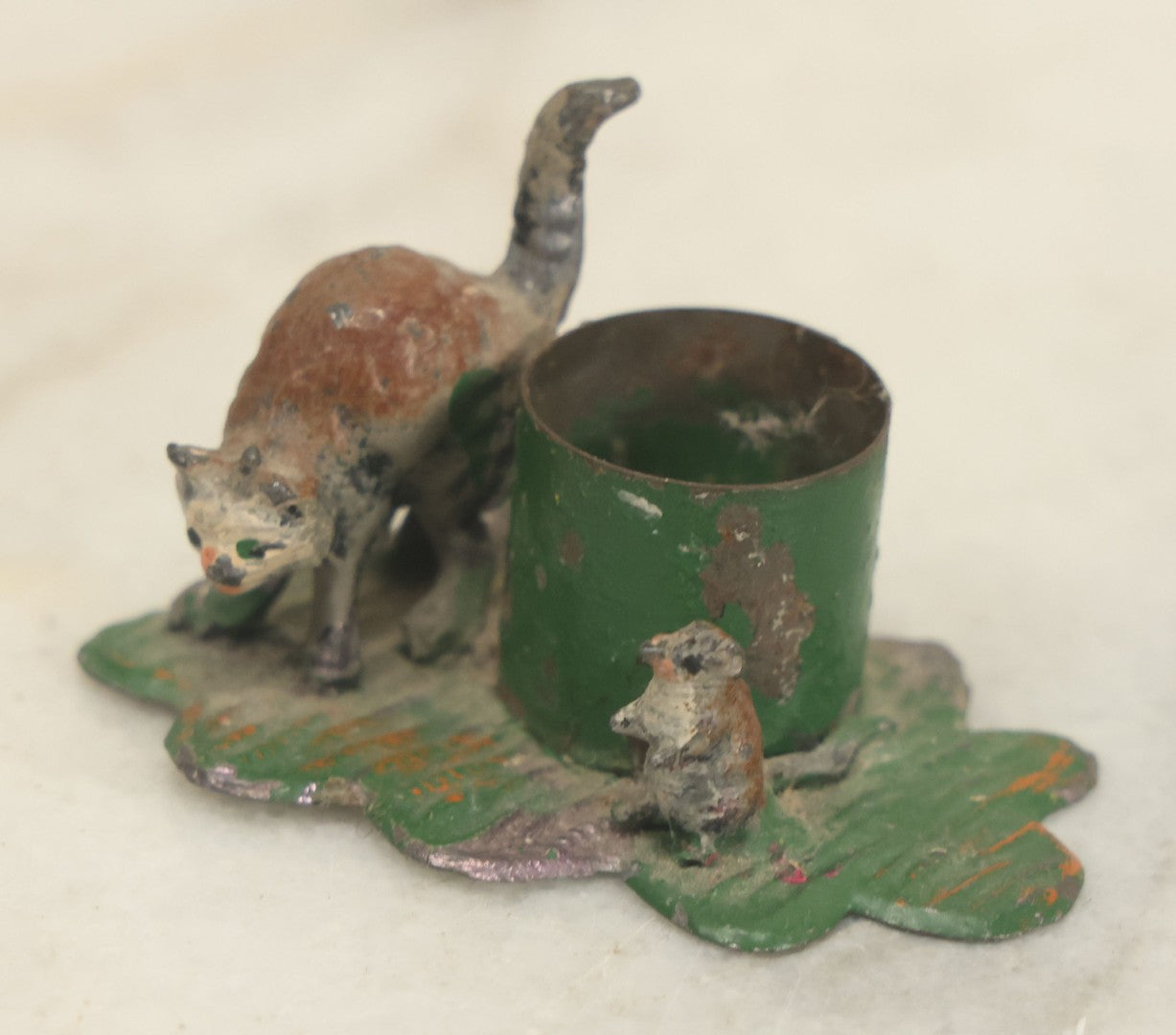 Lot 115 - Vintage Cold Painted Die Cast Metal Cat And Mouse Halloween Candle Holder Stand, Marked Germany