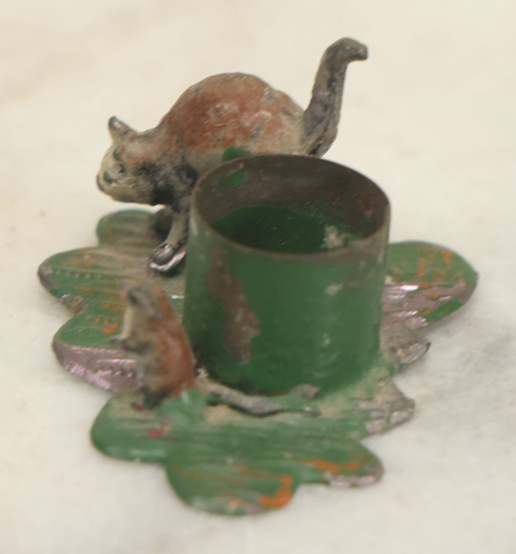 Lot 115 - Vintage Cold Painted Die Cast Metal Cat And Mouse Halloween Candle Holder Stand, Marked Germany