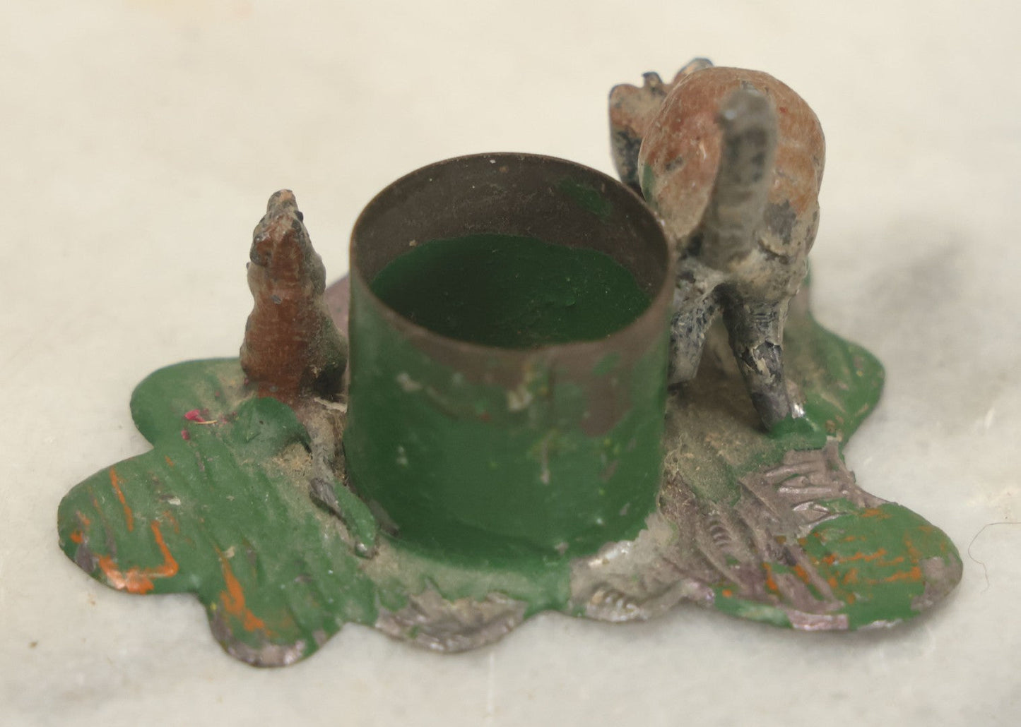 Lot 115 - Vintage Cold Painted Die Cast Metal Cat And Mouse Halloween Candle Holder Stand, Marked Germany