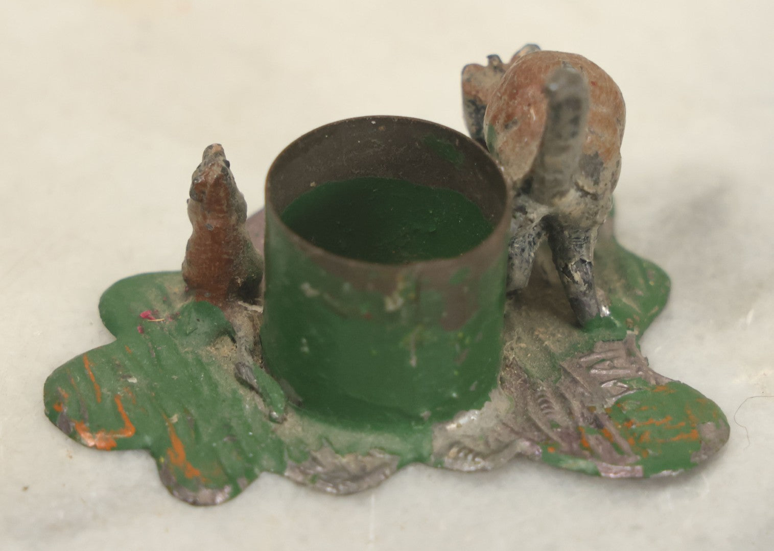 Lot 115 - Vintage Cold Painted Die Cast Metal Cat And Mouse Halloween Candle Holder Stand, Marked Germany