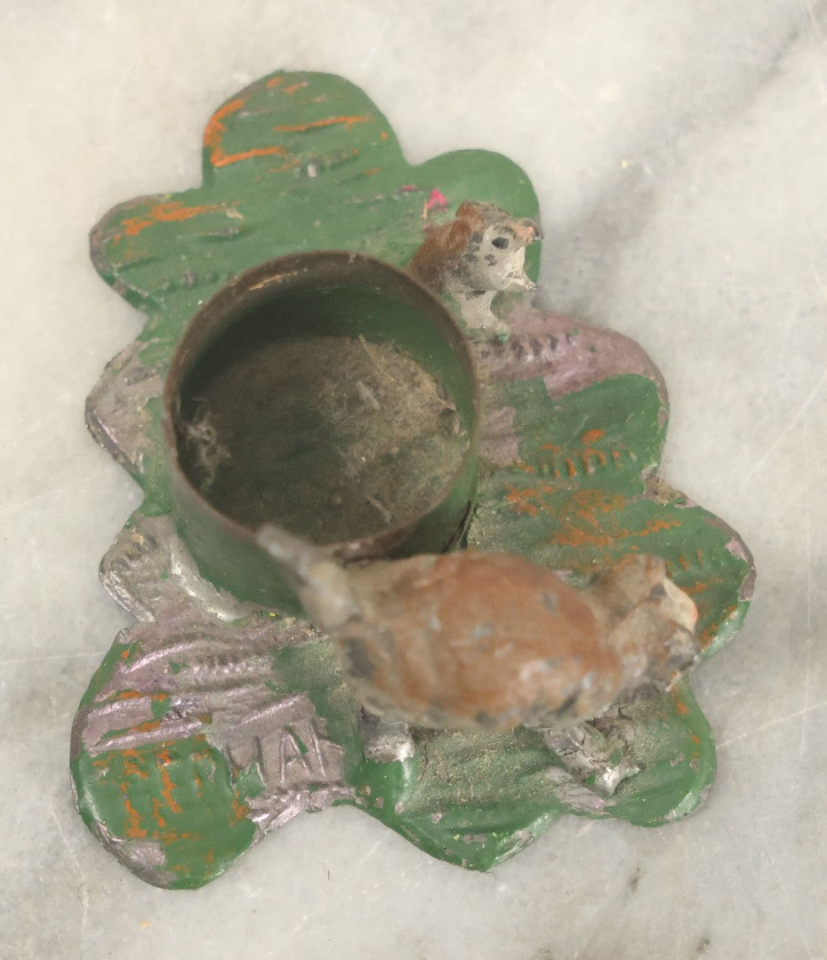 Lot 115 - Vintage Cold Painted Die Cast Metal Cat And Mouse Halloween Candle Holder Stand, Marked Germany