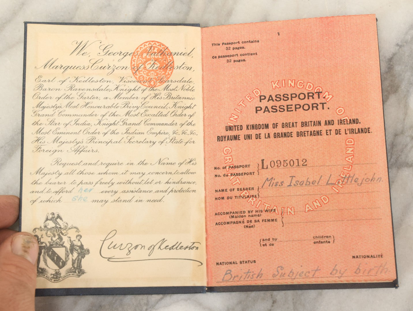 Lot 117 - Antique British Passport, United Kingdom Of Great Britain And Ireland, Belonging To Miss Isabel Littlejohn, Born April 13, 1888, Glasgow, Scotland, Issued 1923