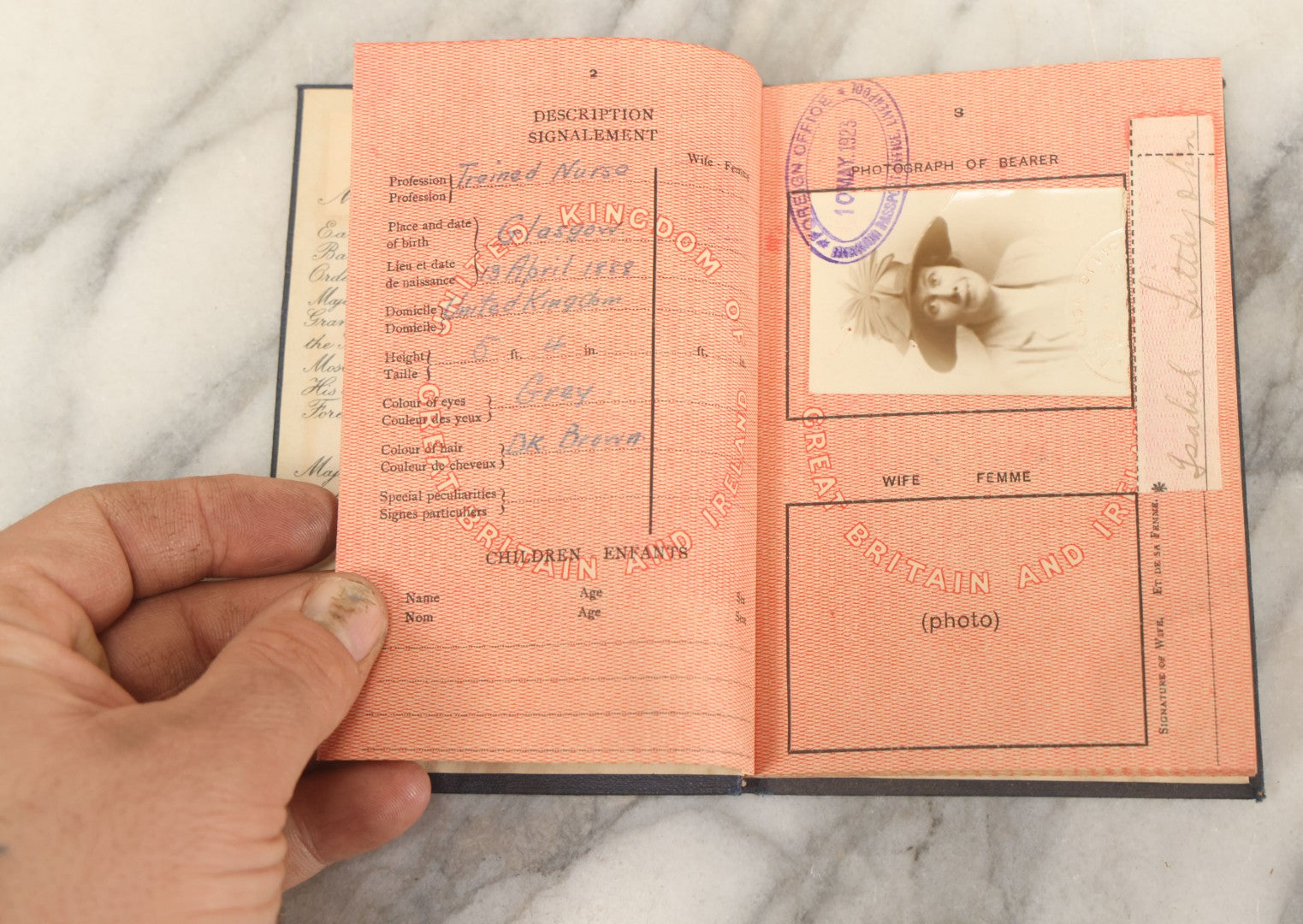 Lot 117 - Antique British Passport, United Kingdom Of Great Britain And Ireland, Belonging To Miss Isabel Littlejohn, Born April 13, 1888, Glasgow, Scotland, Issued 1923